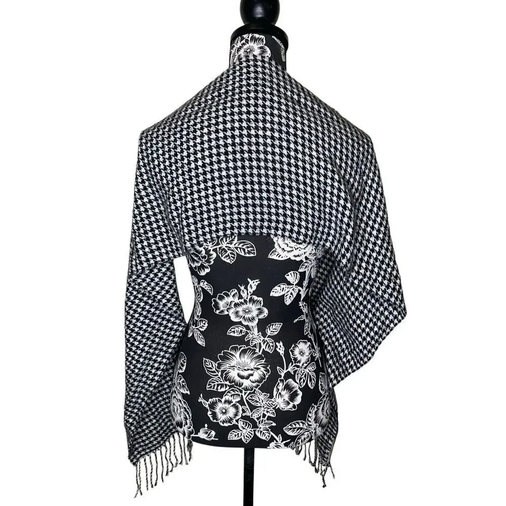 Black White Houndstooth Tassel Scarf Classic Checkered Wrap Winter Shawl Boho